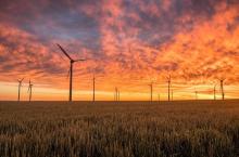 windmills, fields, sunset